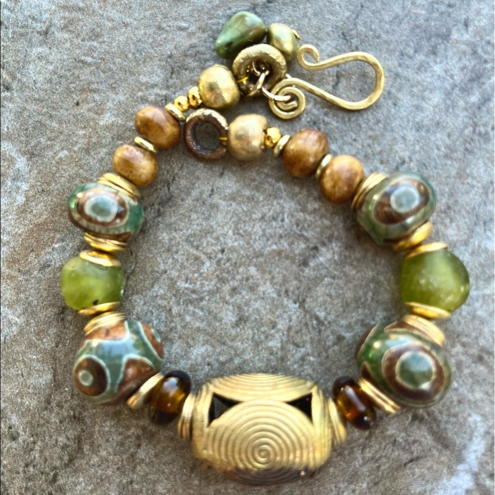 SOLD Tribal Boho Bracelet Eyed Agate Ghanaian Ethnic Glass African Brass